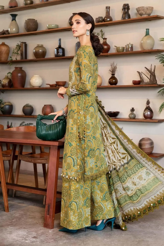 Green Printed Lawn Suit With Embroidered Design