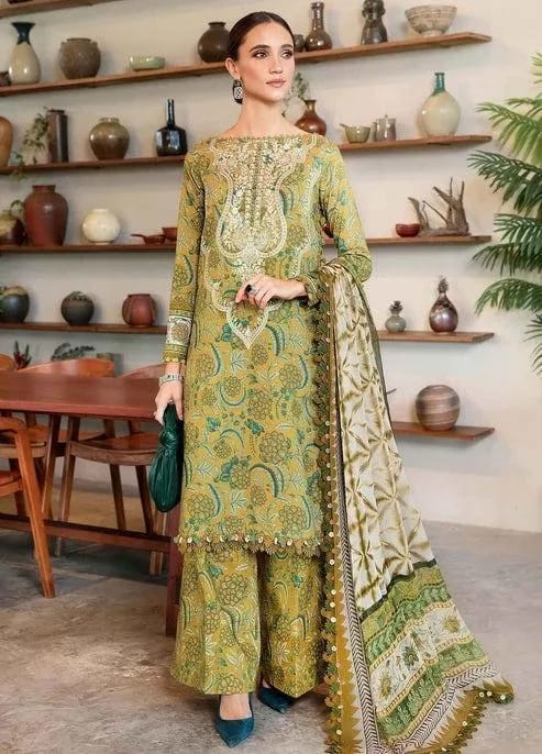 Green Printed Lawn Suit With Embroidered Design